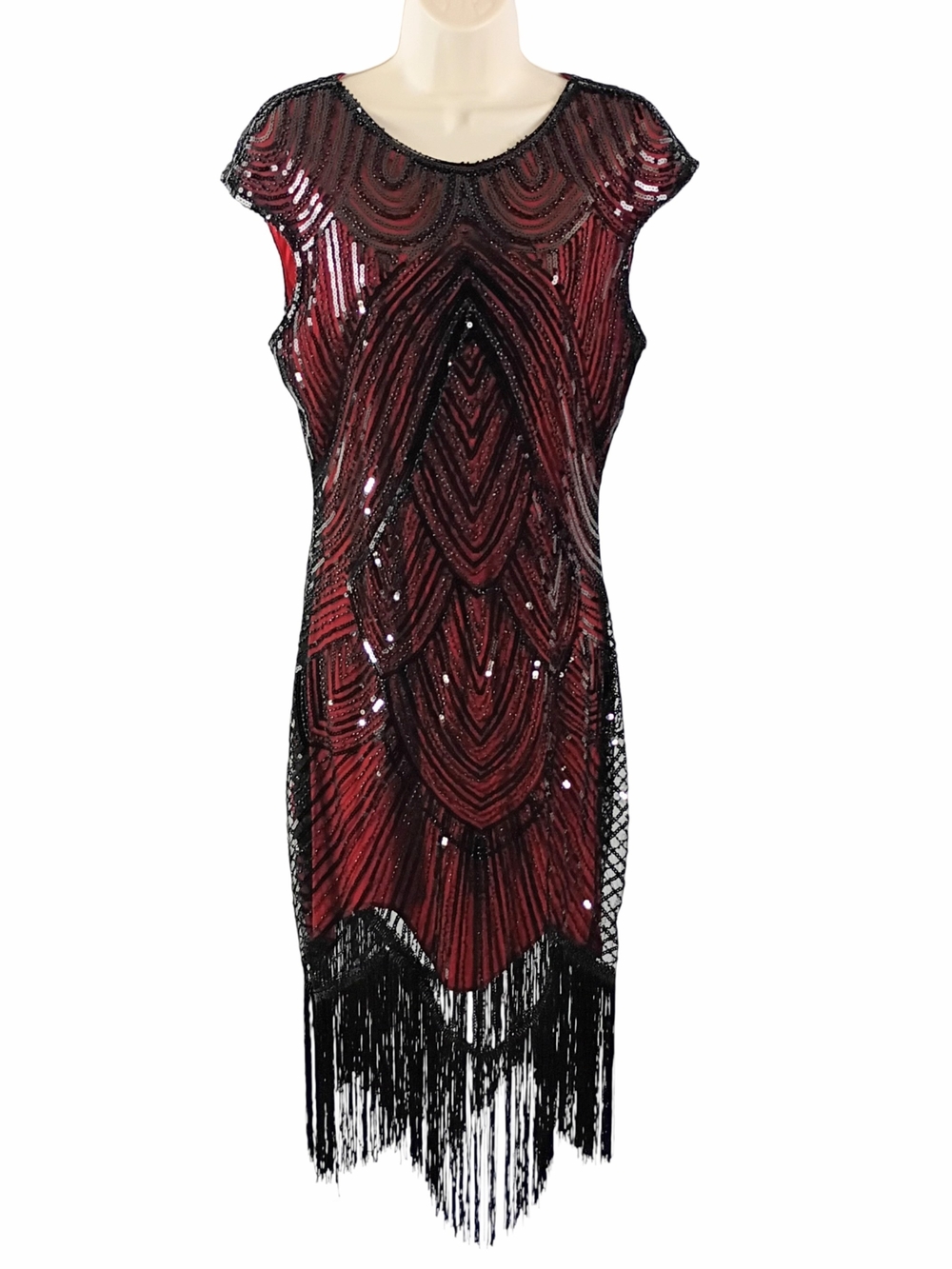Flapper Beaded Red Fringe Midi Dress with Black Accents